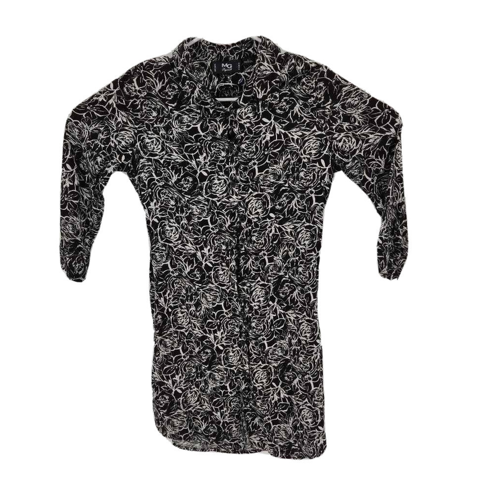 MG Originals Womens Shirt Dress Black White Floral Collar Long Sleeve Button L